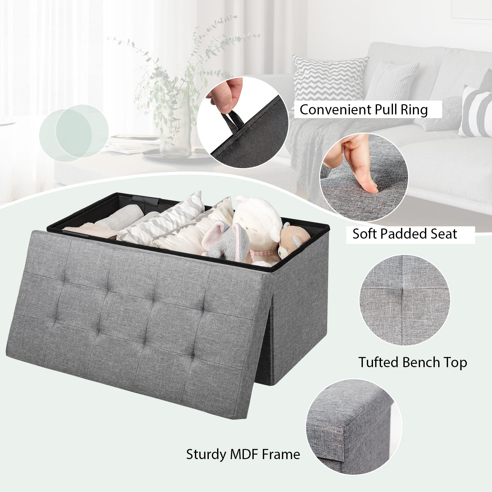 Fabric Foldable Storage Ottoman with Padded Seat for Living Room Light Grey